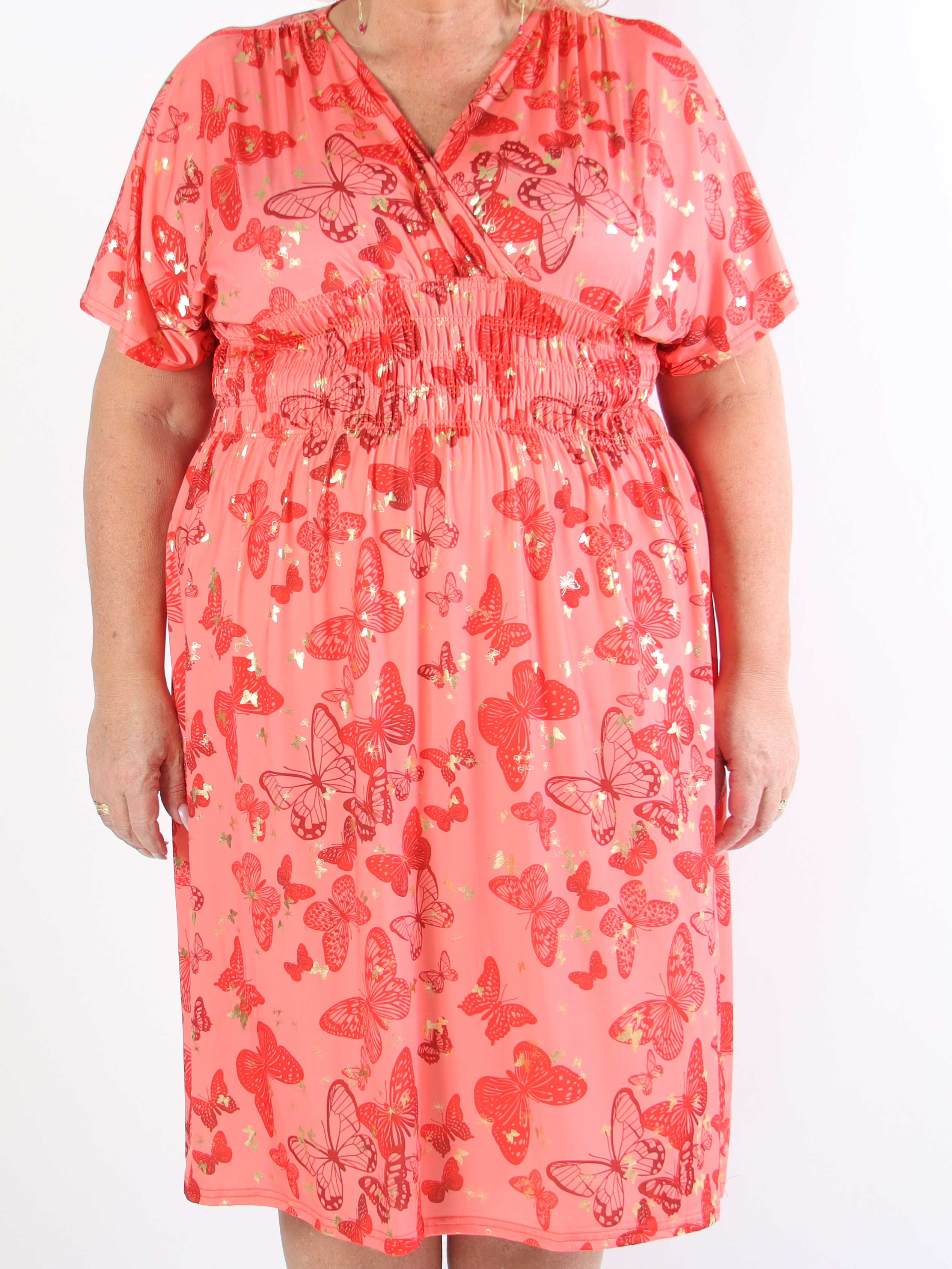 Pams Butterfly Midi S/S - Elastisk plus size kjole med sommerfugleprint